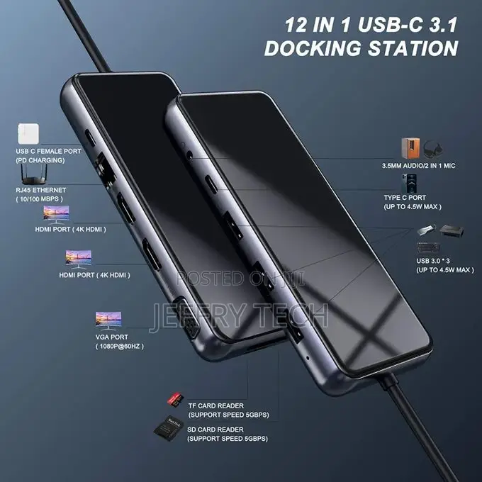 12 in 1 USB C Hub Docking Station With 3usb/2hdmi/Vga/Rj45/1