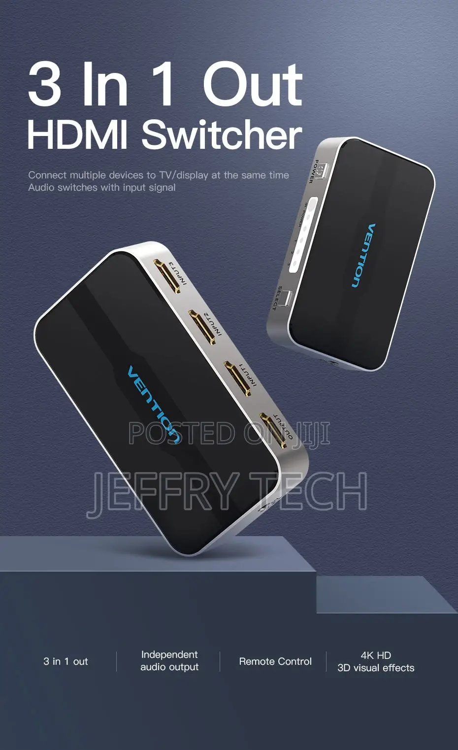 Vention 3 in 1 Out 4K HDMI 1.4 Switch With Audio Separation