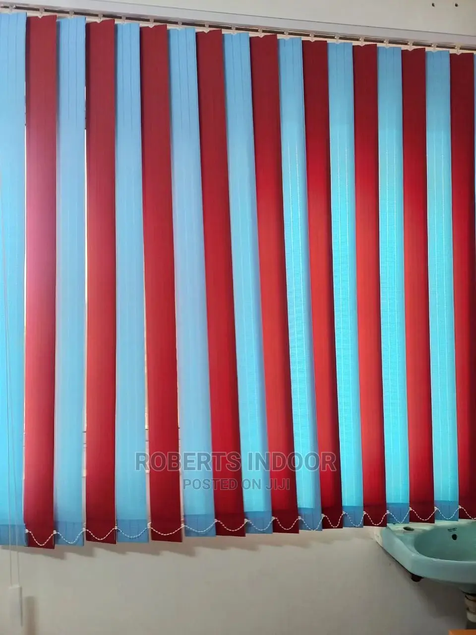 Maroon and Blue Vertical Window Blinds