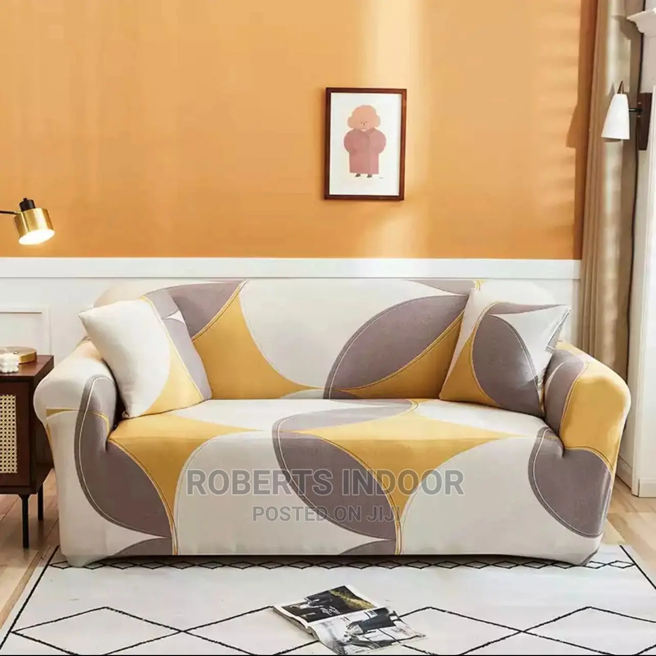 Cozy Beoge and Yellow Sofa Cover 1 Seater