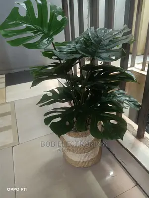 Artificial Monstera Plant With Woven Basket and Pebbles