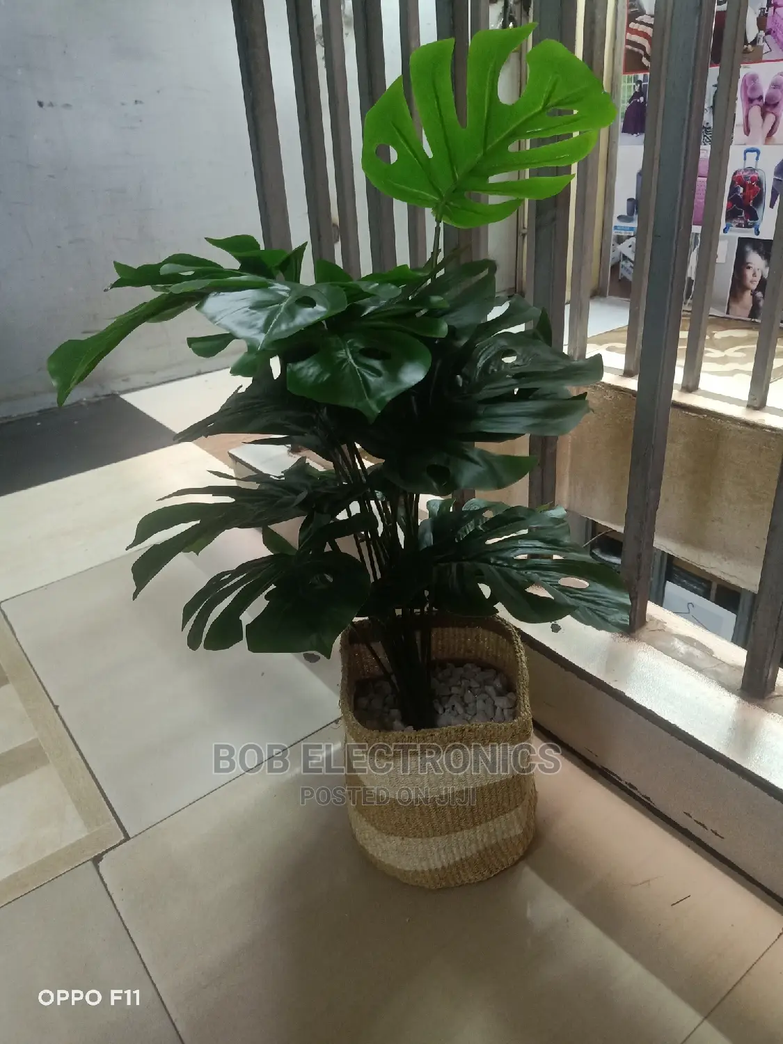 Artificial Monstera Plant With Woven Basket and Pebbles