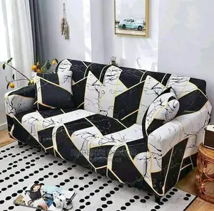 Printed Black and White Elastic Sofa Cover 3 Seater