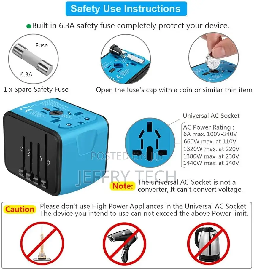 Travel Power Adapter W/Smart High Speed 2.4A 4xusb Wall Cha