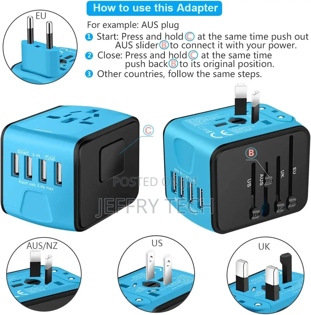 Travel Power Adapter W/Smart High Speed 2.4A 4xusb Wall Cha