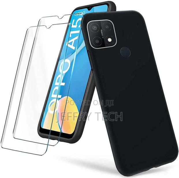 OPPO A15 Case, Black Shockproof Silicone Gel Phone Cover + 1
