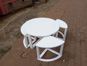 White Wooden Coffee Table With 4 Stools