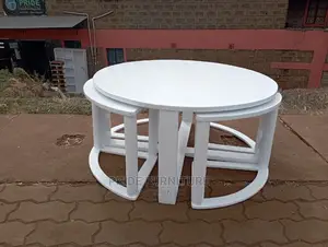 White Wooden Coffee Table With 4 Stools