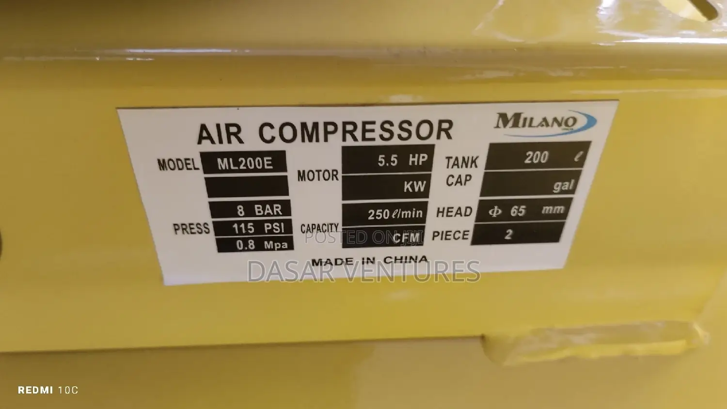 Air Compressor -Milano 200l Petrol Driven
