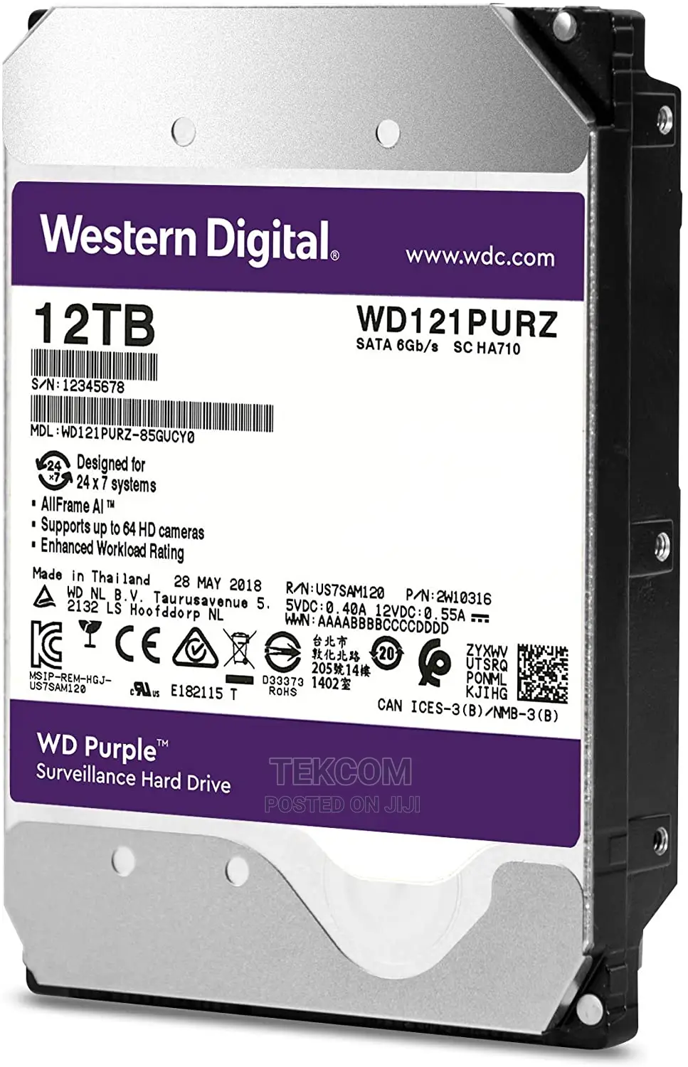 WD Purple Surveillance Hard Drive 12TB 256 MB 7200 Rpm