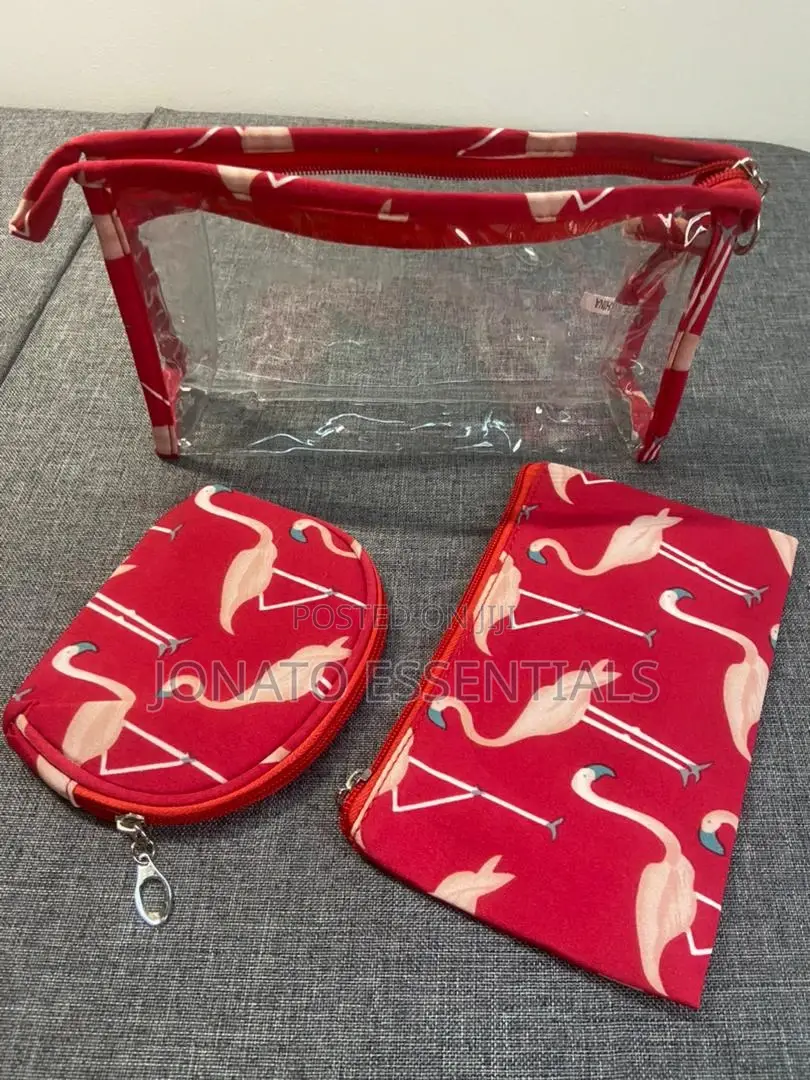 3-in-1 Transparent Flamingo Travel Makeup Bag Set