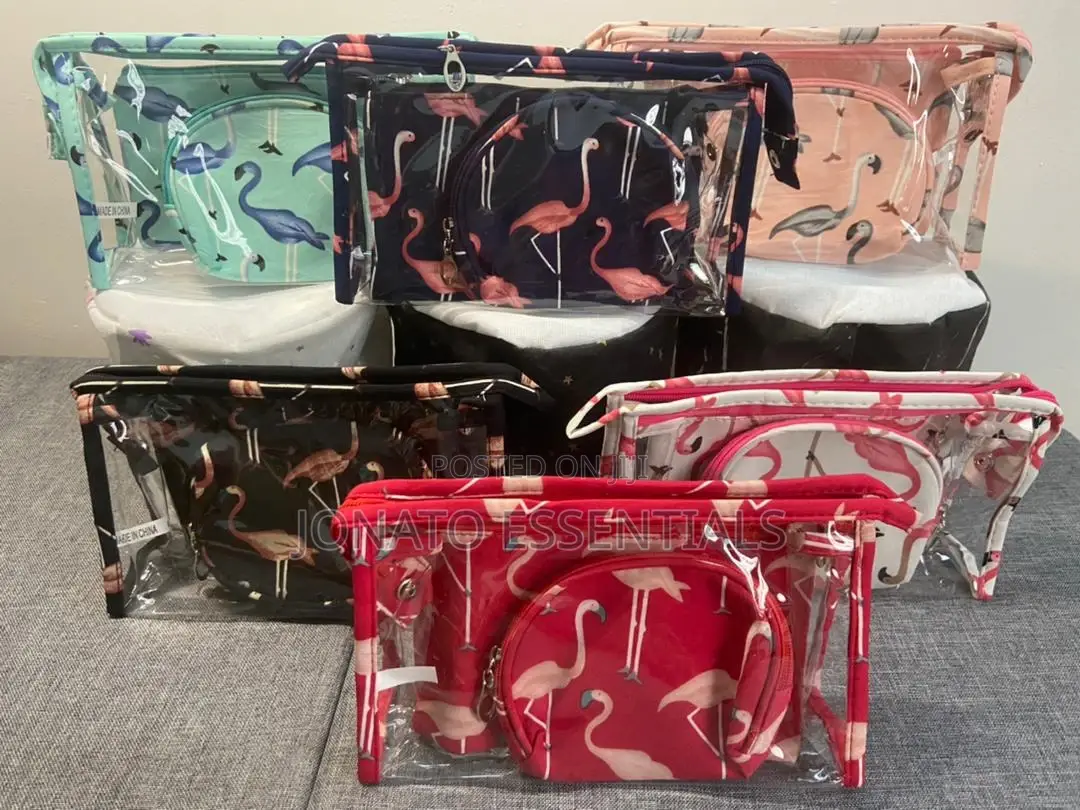 3-in-1 Transparent Flamingo Travel Makeup Bag Set