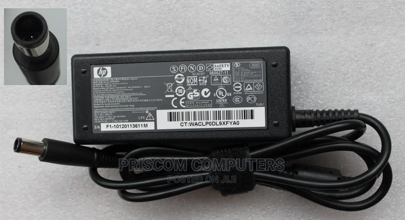 HP Laptop Charger - 18.5V, 3.5A Big Pin With Power Cable