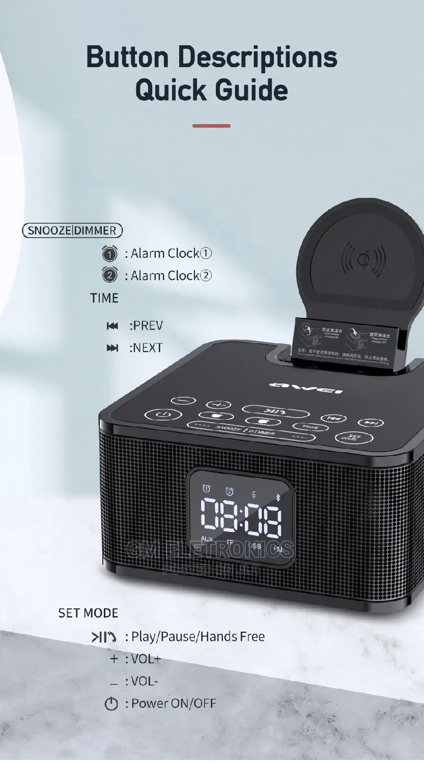 AWEI Y332 Wireless Speaker With Power Bank Clock.