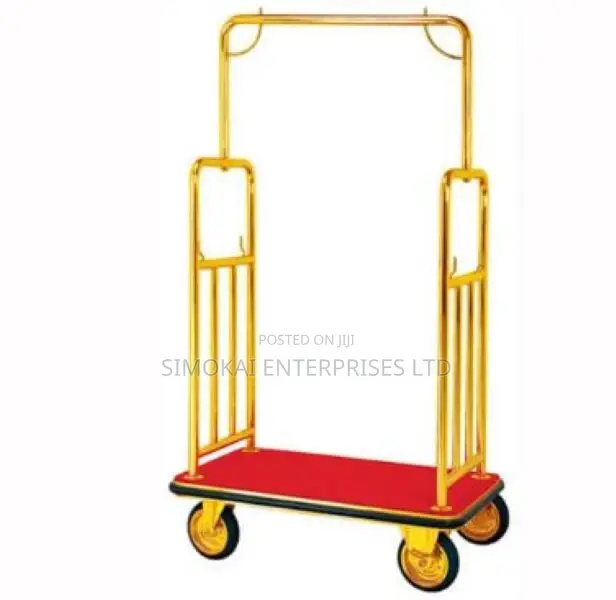 Hotel Luggage Cart, Polished Gold, Red Carpet