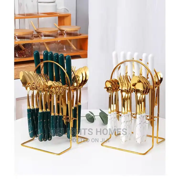 24pcs Marble Stainless Steel Gold Cutlery