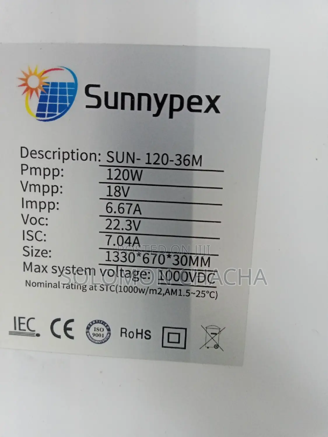 Sunnypex 120w/12v Solarpanel