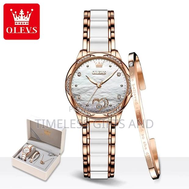 OLEVS White Automatic Lady Watch Jewelry Gift Set