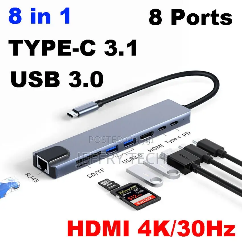 Usb3.0 USB Pd Sd/Tf Rj45 8-In-1 87W Hub Multiport Adapter