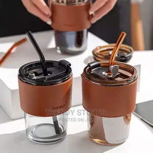 450ml Glass Tumbler/Cup With Straw And Leather Protective