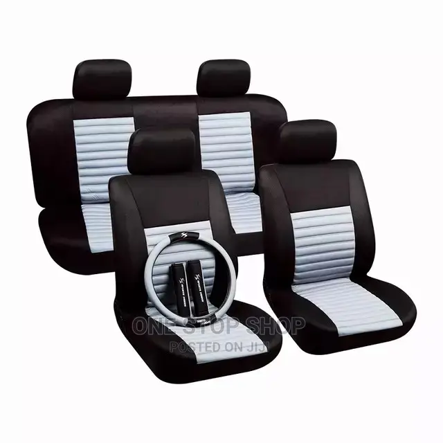5pcs Grey_black Heavy Fabric Seat Cover + Steering+ Belt Pad