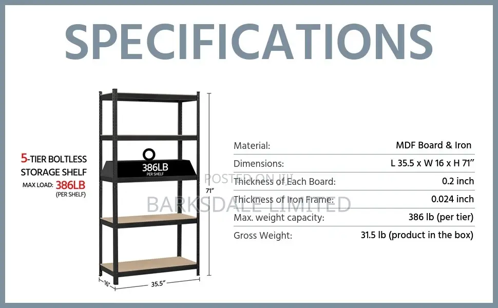 5-Tier Shelves Metal Adjustable Storage 90*40*180cm Black