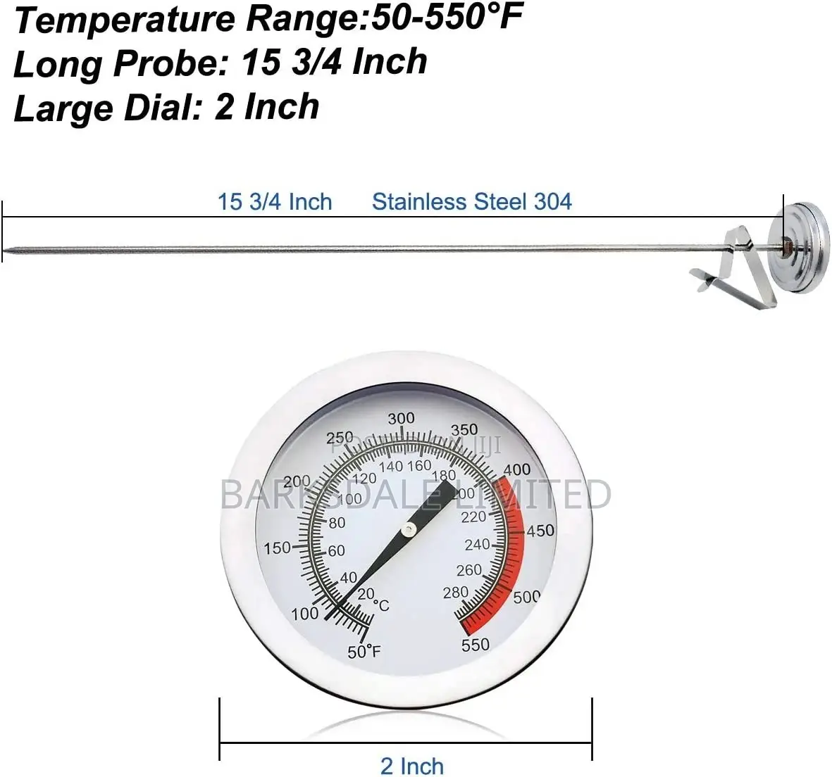 BBQ Grill Temperature Gauge Thermometer Dial Stem Long Meat
