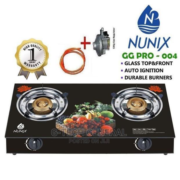 Nunix Glass Top Double Burner Gas Stove + Pipe Regulator - main view