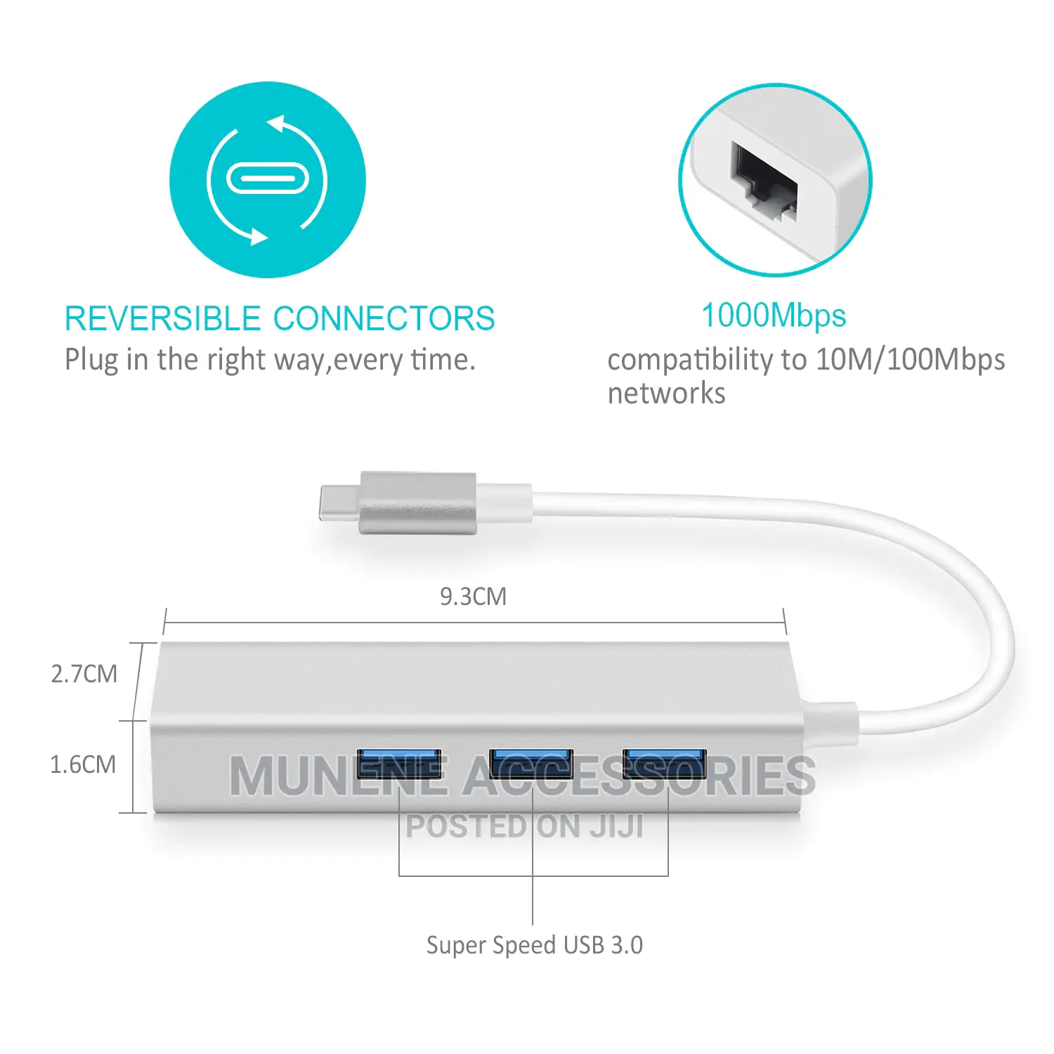 USB-C to RJ45 Ethernet Network Lan 3 Port USB 3 Adapter Hub