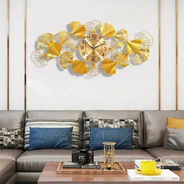 3d Metal Ginkgo Leaves Modern Home Decor Large Wall Clock