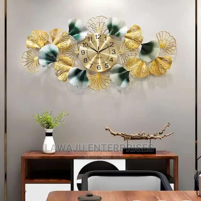 3d Metal Ginkgo Leaves Modern Home Decor Large Wall Clock