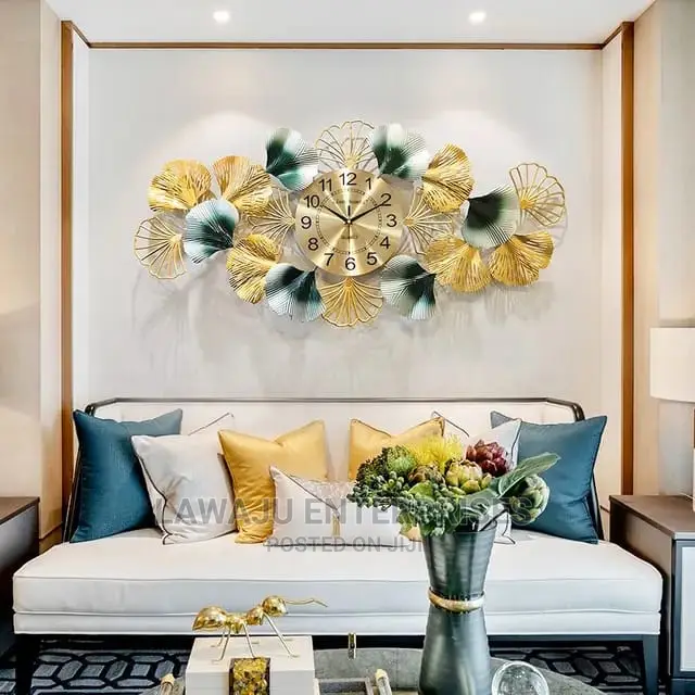 3d Metal Ginkgo Leaves Modern Home Decor Large Wall Clock