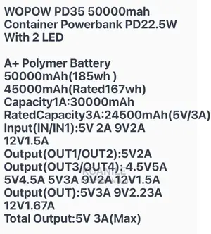 WOPOW PD35 50000mah Container Powerbank PD22.5W With 2 LED