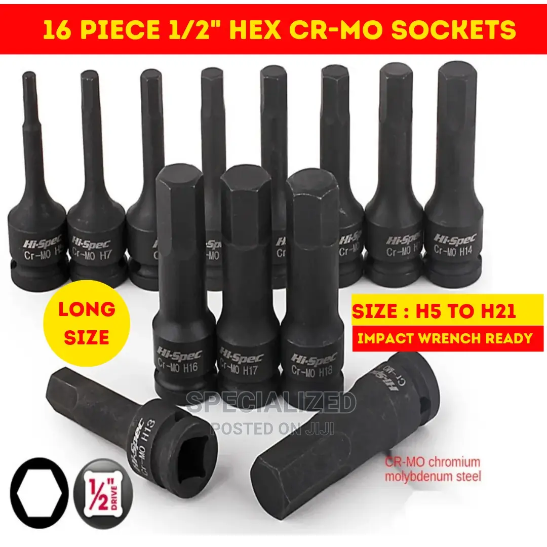 16 Piece Cr-Mo Hex Impact Socket Heads Long Type