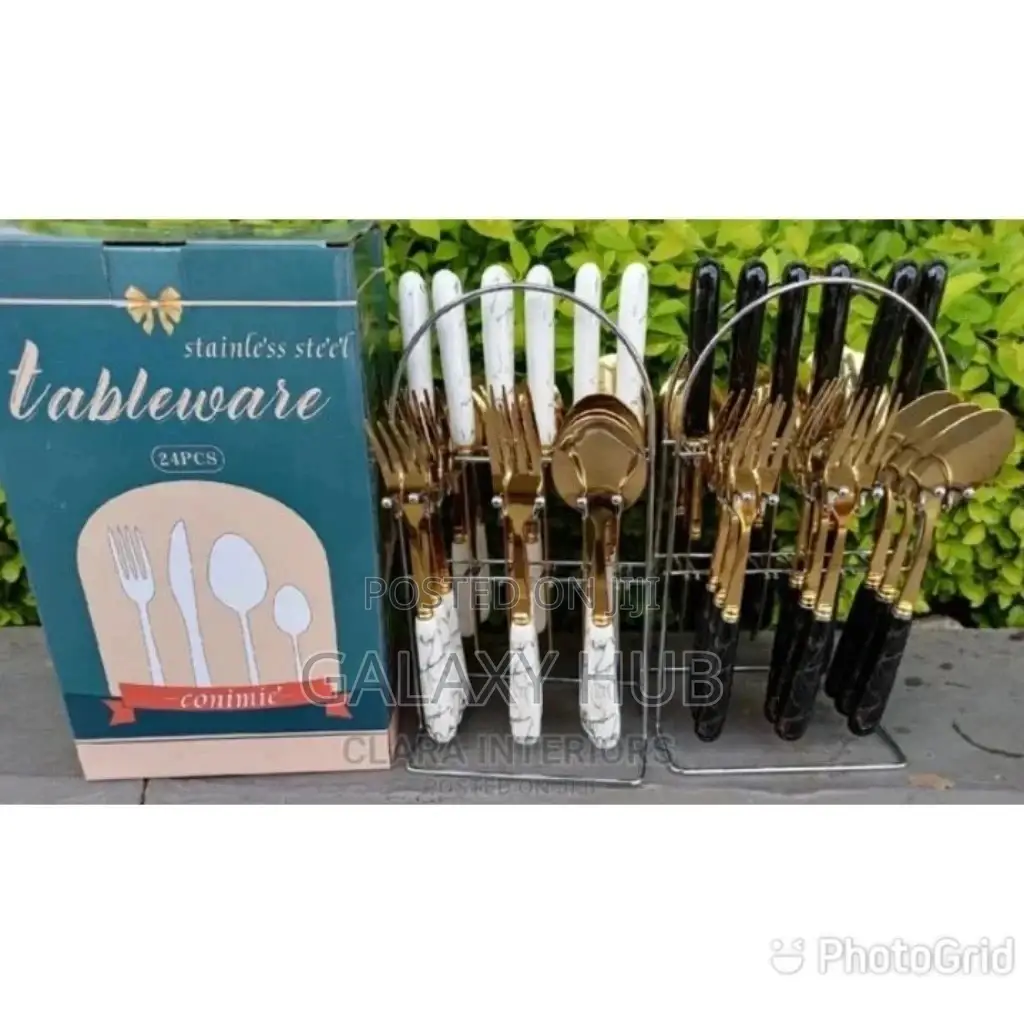 24pc Golden Marble White/Black Handle Cutlery Set