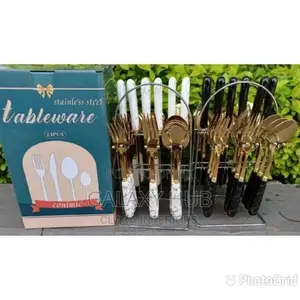 24pc Golden Marble White/Black Handle Cutlery Set