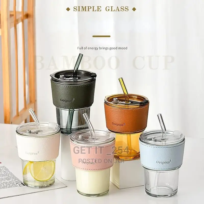 Gorgeous Slub Glass Smoothie Cup With STRAW and Leather