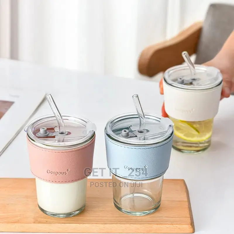 Gorgeous Slub Glass Smoothie Cup With STRAW and Leather