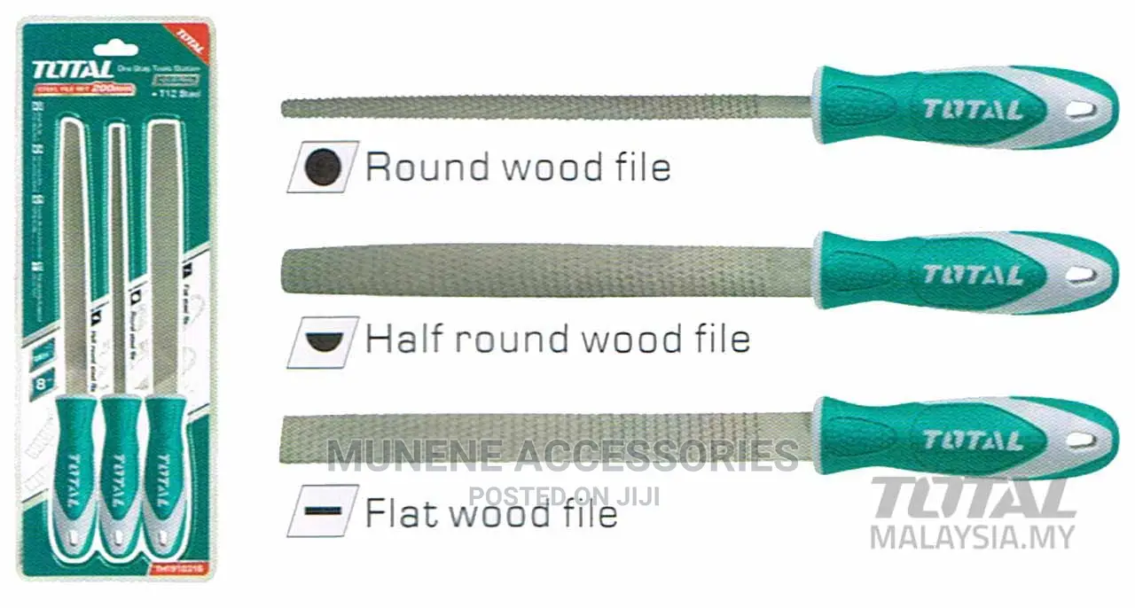 Total 3 Pcs Wood File Set - Round Half Flat File With Rubber