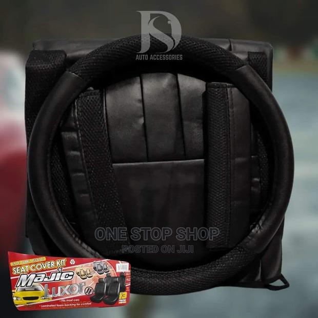 Black Faux Leather 5seater Cushion Cover+Steering Cover +2 Belt Pad