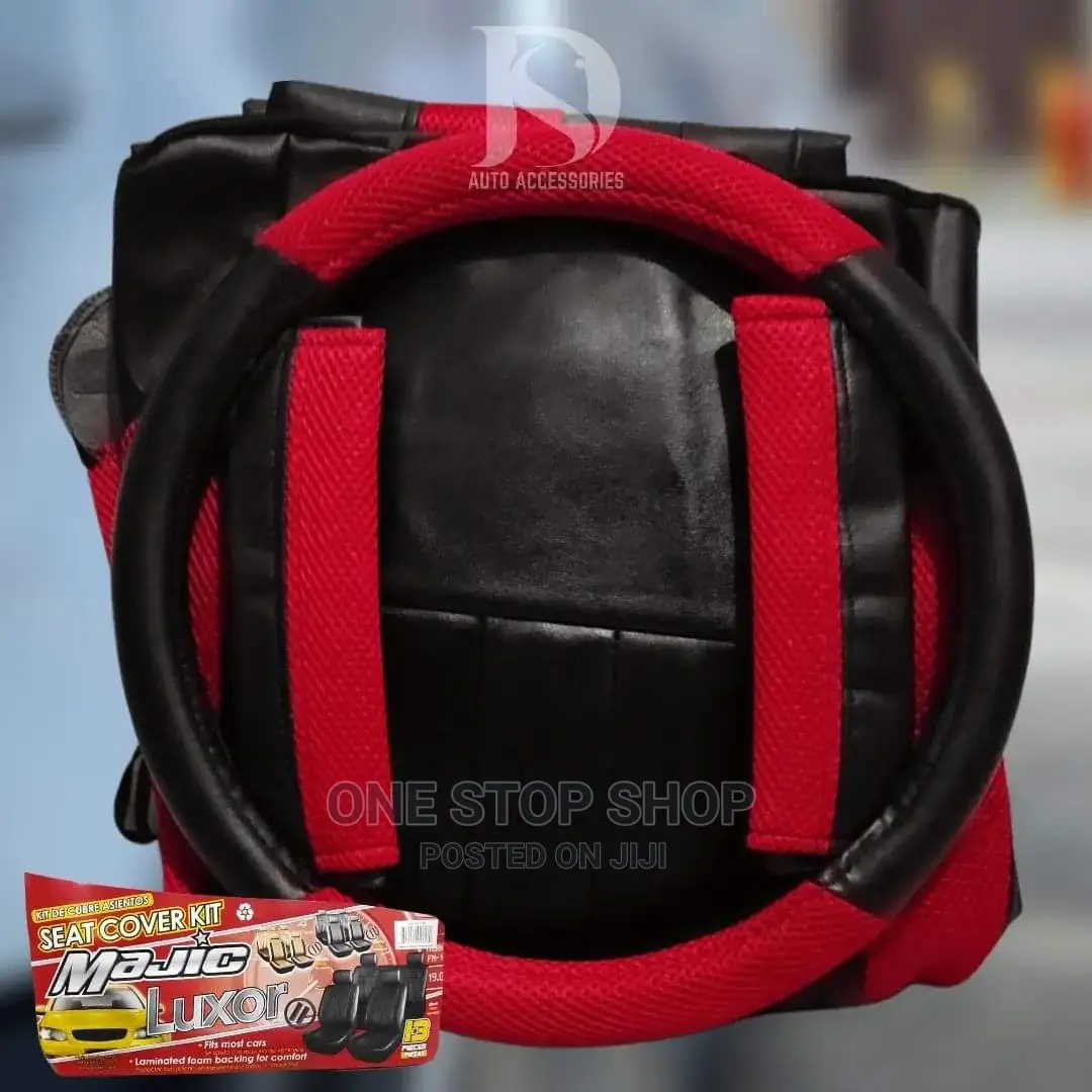 Red-Black Leather 5seater Seat Covers+Steering Cover+2belt Pad
