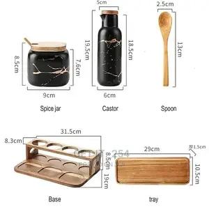 Ceramic Marble Condiment Set With Wooden Bamboo Holder