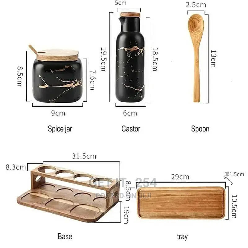 Ceramic Marble Condiment Set With Wooden Bamboo Holder