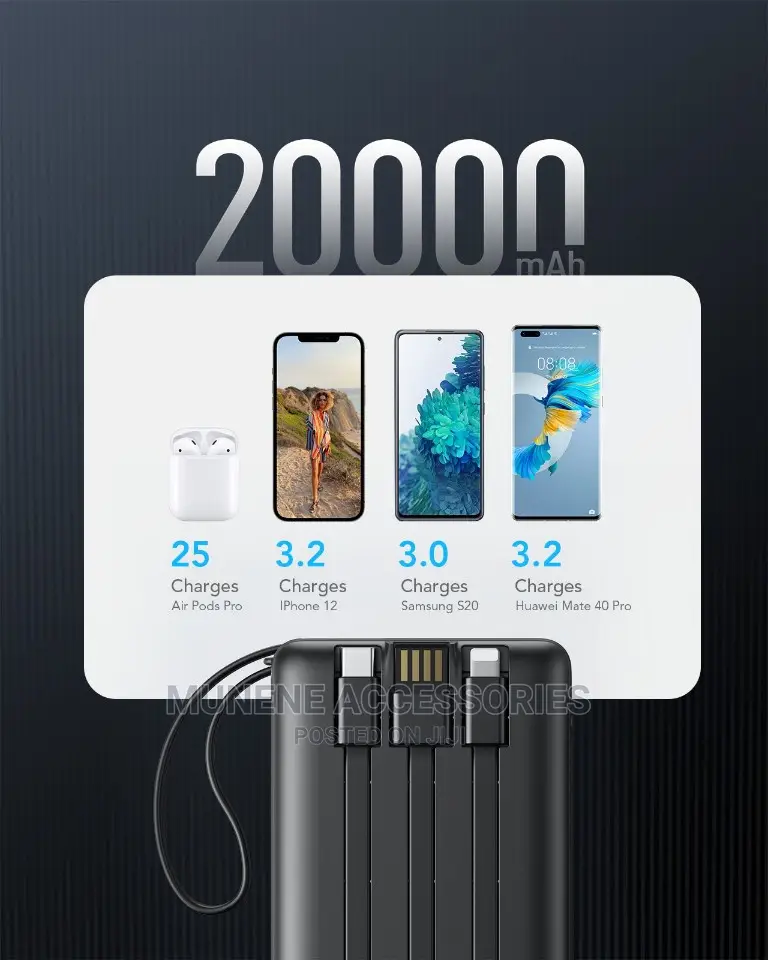 Full Capacity 20000mah Powerbank 4in1 Ios USB C Micro Cable