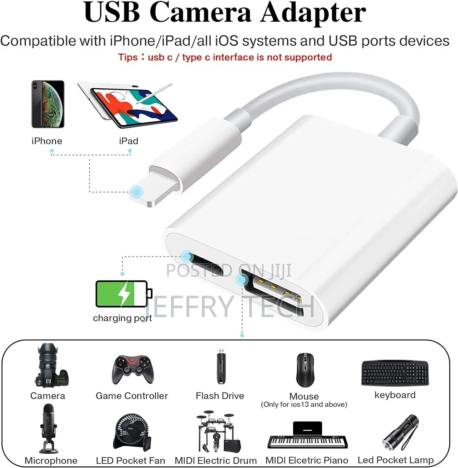 USB Camera Adapter Easy to Transfer Photos Videos for iPhone