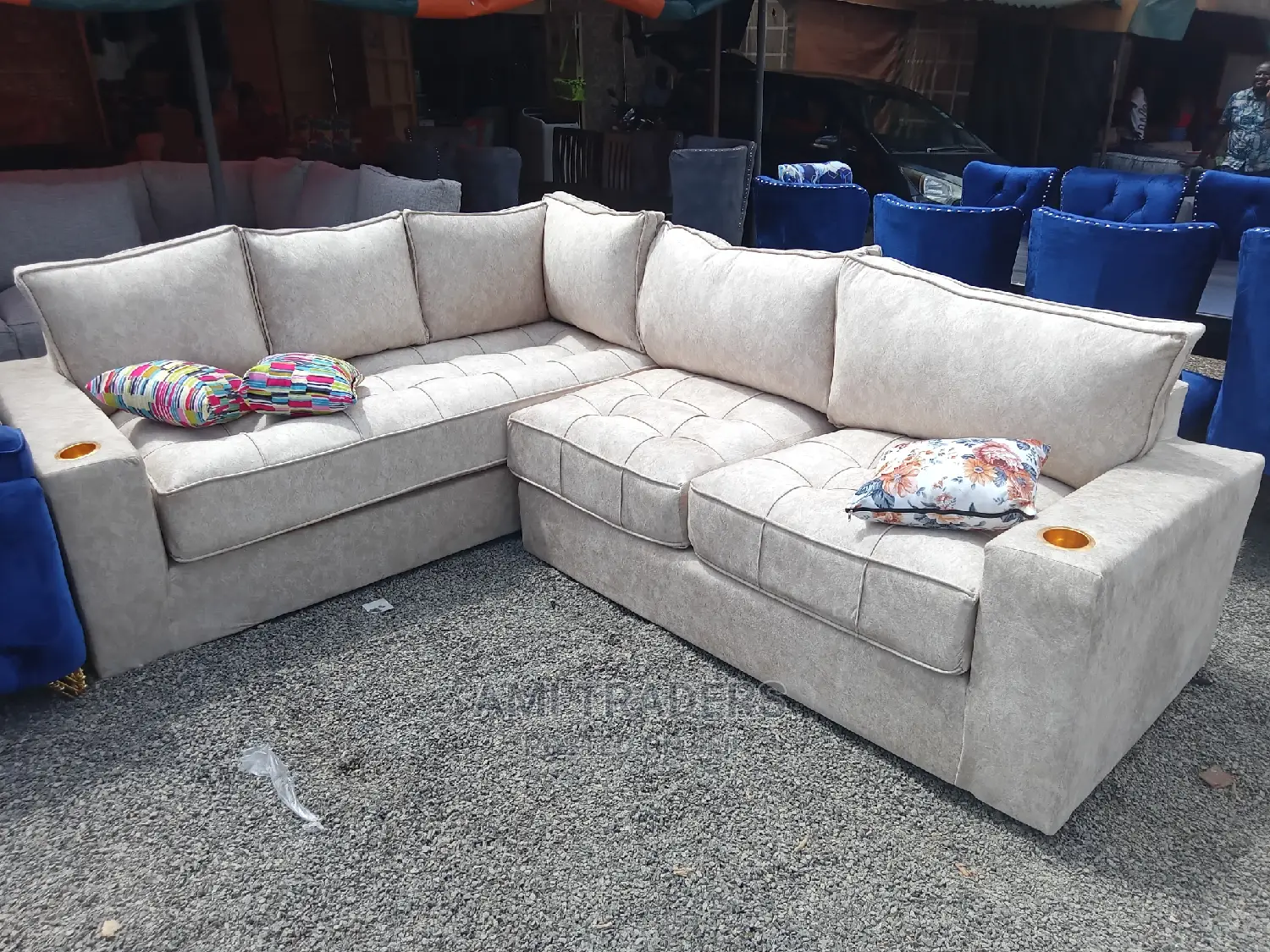 L-Shaped Luxury Sofas With Spring Cushions and Cup Holders