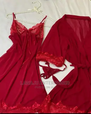 Wine Red Dress, Robe, Thong Belt Lingerie Nightwear Set