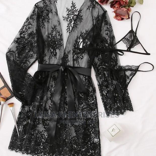 3pcs Robe, Thong Bra Lace Lingerie Set - thumbnail 3