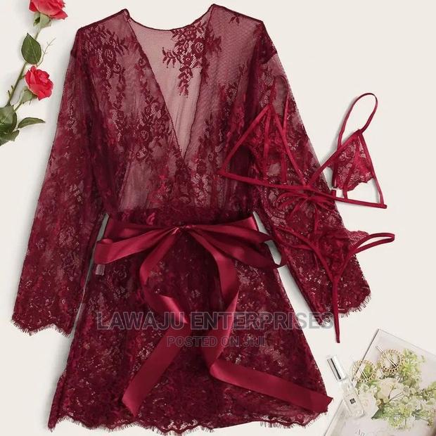 3pcs Robe, Thong Bra Lace Lingerie Set - main view