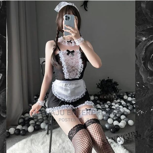 Ladies Women Maid Outfit With Fishnet Thigh High Stocking